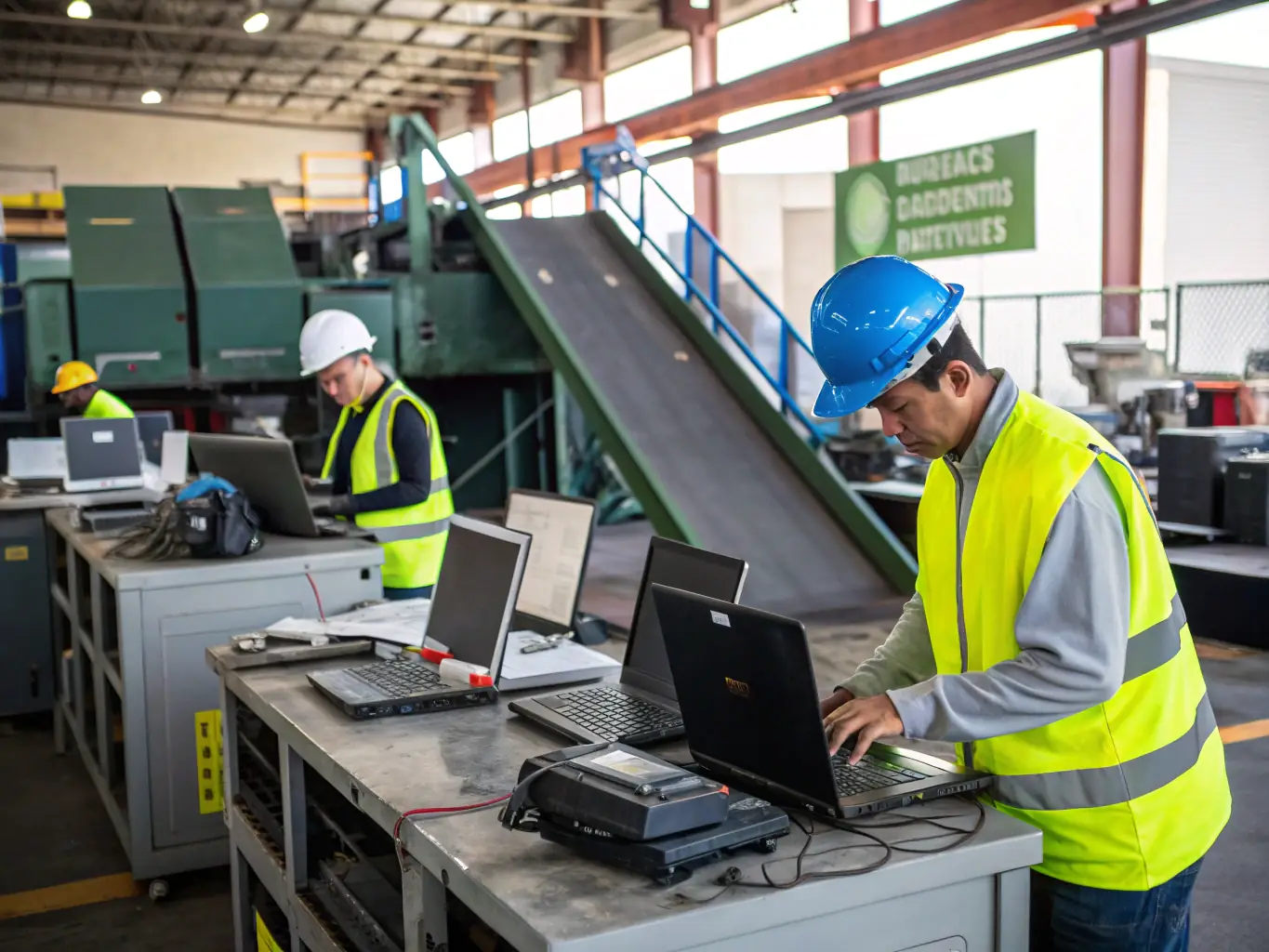 Workers sorting construction waste into recycling bins on-site, with labeled containers for different materials, illustrating London & Suburban Site Management's commitment to waste segregation and recycling.