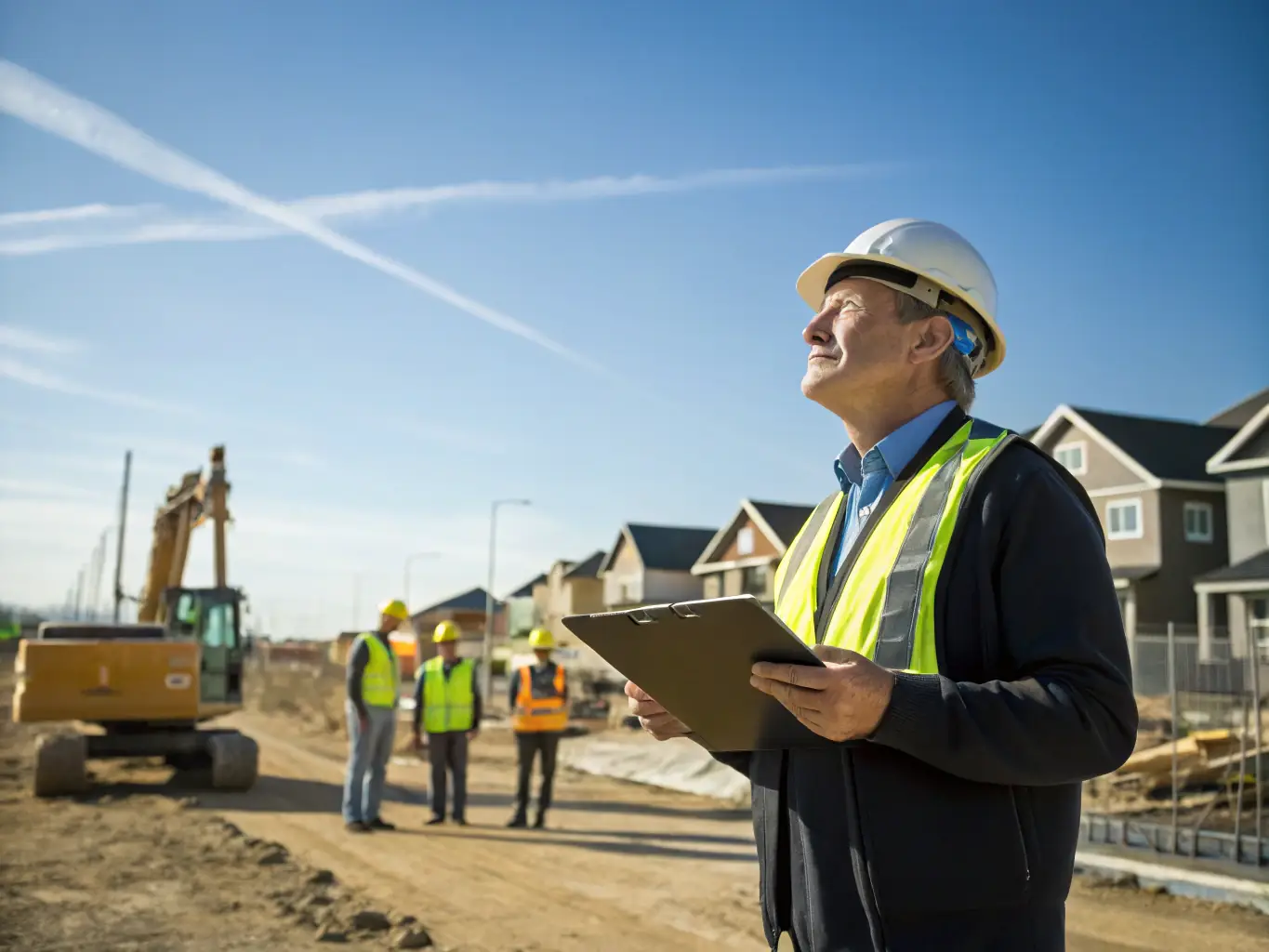 A site manager overseeing operations on a construction site with plans and safety gear, representing London & Suburban Site Management's site management expertise.
