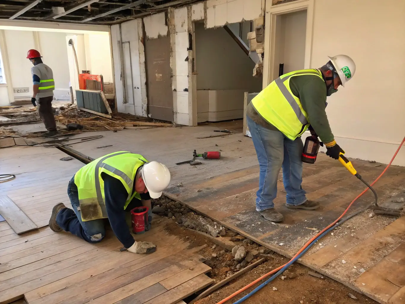 A team of workers carefully stripping non-structural elements from an office building, with safety gear and equipment visible, showcasing London & Suburban Site Management's soft strip works.