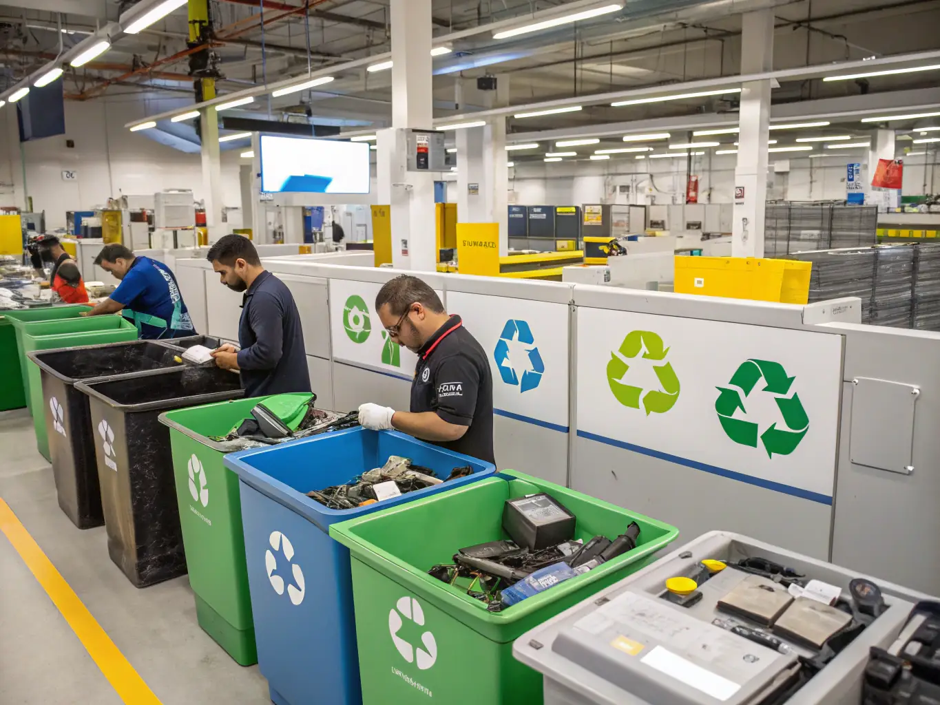 Workers sorting construction waste into recycling bins on-site, with labeled containers for different materials, illustrating London & Suburban Site Management's commitment to waste segregation and recycling.