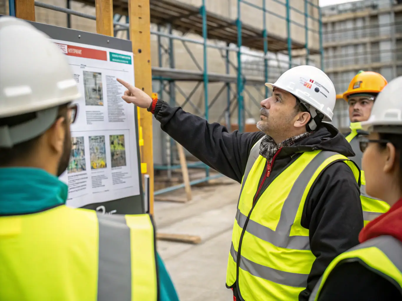 A site manager overseeing operations on a construction site with plans and safety gear, representing London & Suburban Site Management's comprehensive site management services.