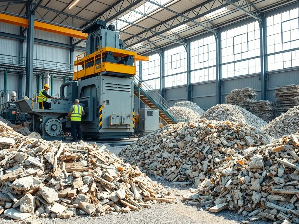 A construction site implementing waste segregation and recycling practices, demonstrating a commitment to environmental sustainability.