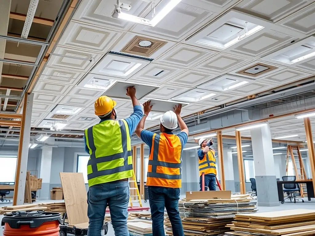 A construction site with workers carefully removing interior elements of a building during a soft strip process, showcasing precision and safety.