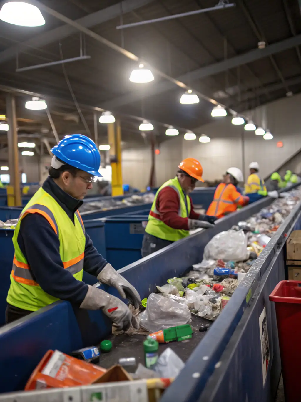 A recycling facility processing construction waste, showing materials being sorted and prepared for reuse, highlighting the recycling efforts of the company.