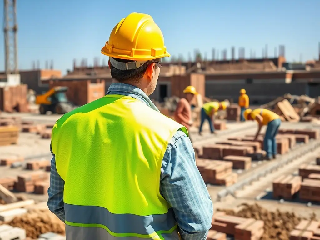 An organized construction site with a site manager overseeing operations, ensuring smooth coordination and adherence to project timelines.